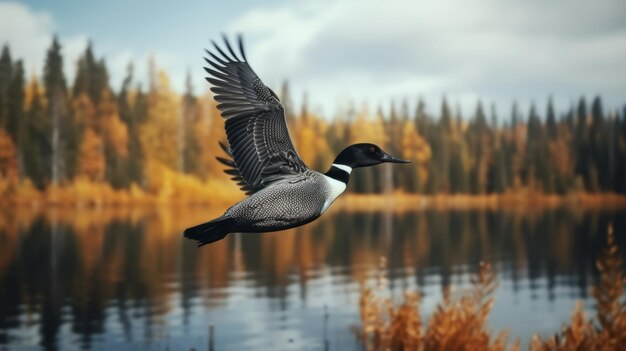 Photo autumn duck flying over lake uhd image in cabincore style