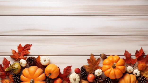 Autumn elegance pumpkins and pine cones on whitewash