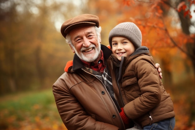 Foto abbraccio autunnale il nonno e il nipote felici si abbracciano durante la passeggiata ai generativa