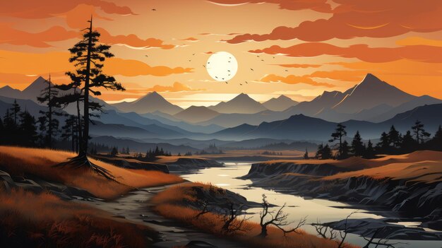 Photo autumn evening detailed illustration of mountains river and tranquil serenity