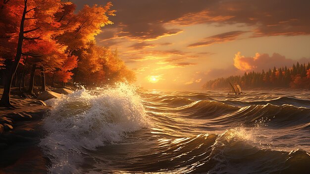 Photo autumn evening with golden hued waves waves in autumn season