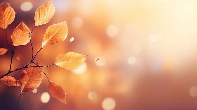 秋秋紅葉と太陽のぼやけた背景を持つ抽象的な秋の背景
