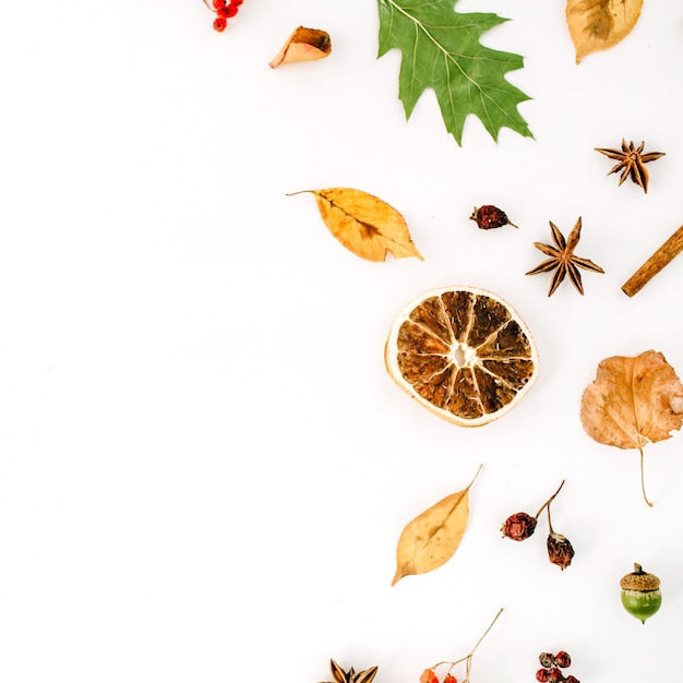 Autumn fall flat lay, top view creative arrangement.