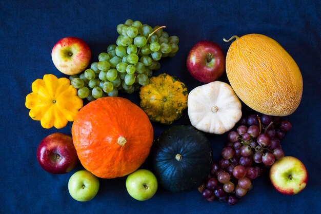 Photo autumn and fall harvest pumpkin apple grape and pattison on the blue background