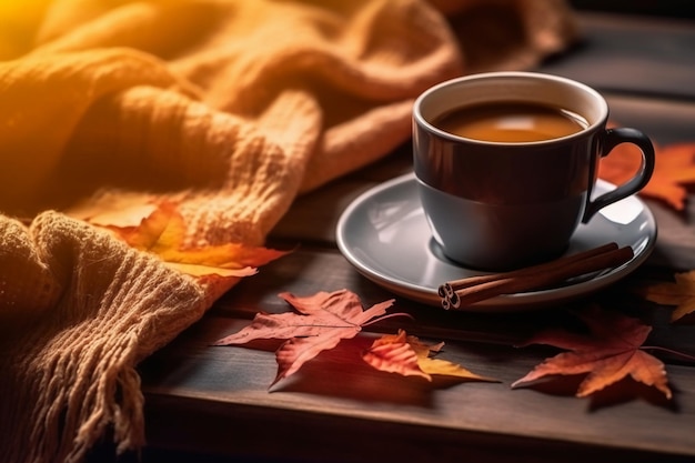 Autumn fall leaves hot cup of coffee and warm scarf on wooden table background AI generative