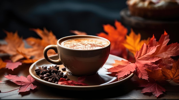 木のテーブルに偽のカエデの葉をのせた秋と秋の季節のホットコーヒー