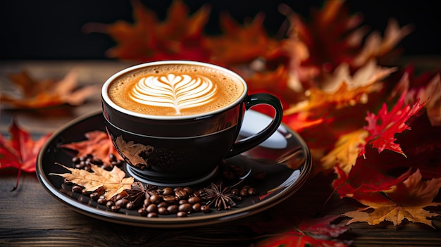 Autumn and fall season hot coffee with fake maple leaf on wood table