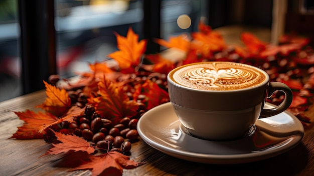 Autumn and fall season hot coffee with fake maple leaf on wood table