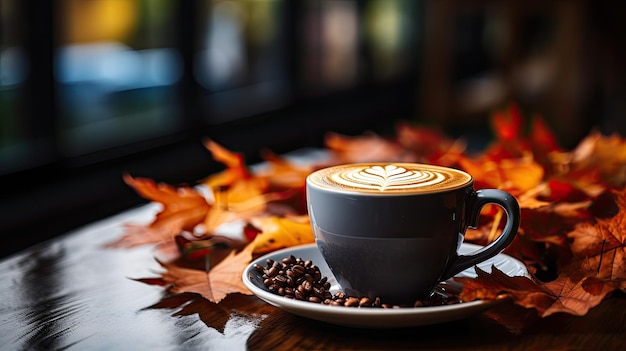 木のテーブルに偽のカエデの葉をのせた秋と秋の季節のホットコーヒー