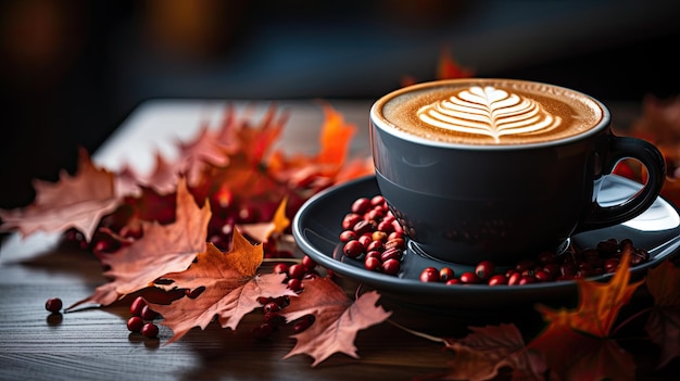 Autumn and fall season hot coffee with fake maple leaf on wood table