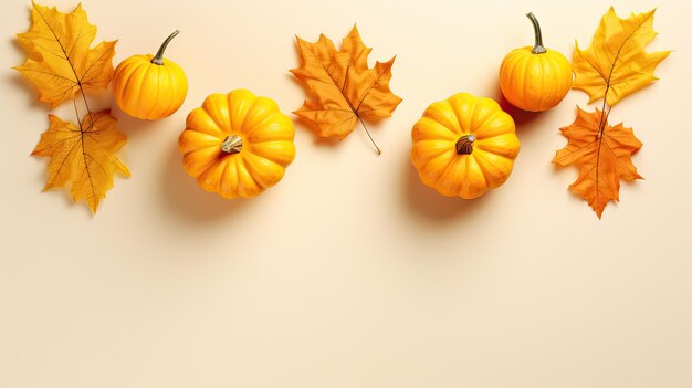 Autumn fall thanksgiving day composition with decorative orange pumpkins and dried leaves