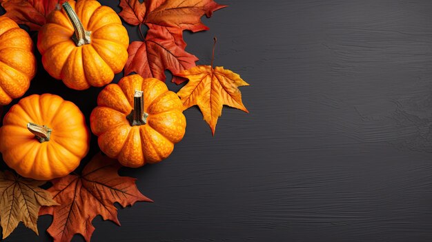Autumn fall thanksgiving day composition with decorative orange pumpkins and dried leaves