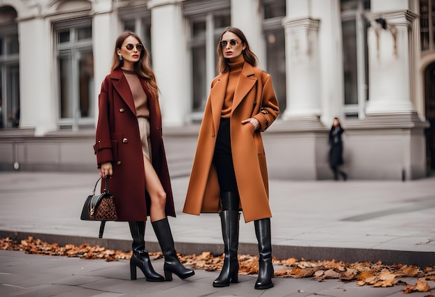 Photo autumn fashion two women in trendy clothes coat