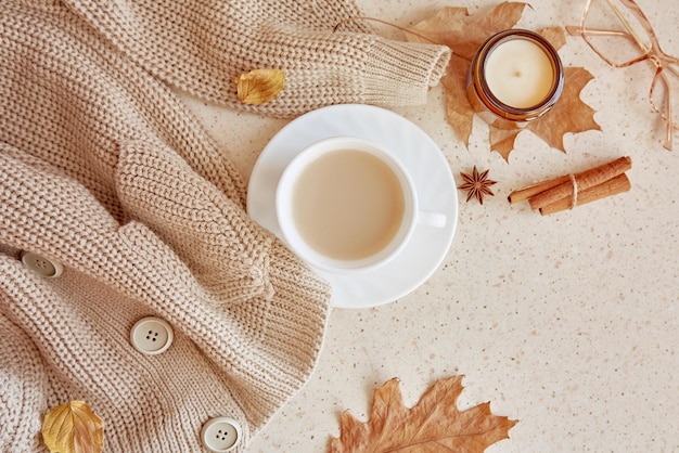 Autumn feminine aesthetic coffee time Pastel background