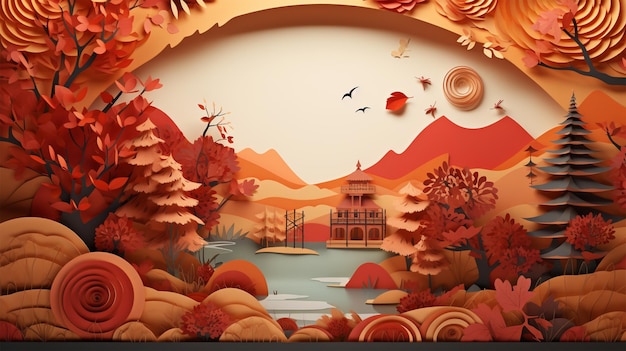 Autumn festival paper cut background Generative AI