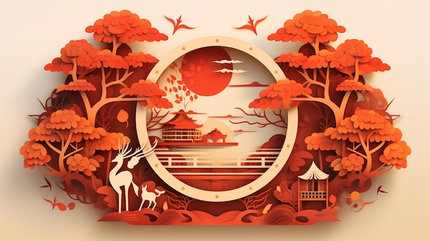 Autumn festival paper cut background Generative AI