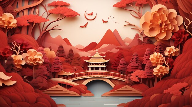 Autumn festival paper cut background Generative AI