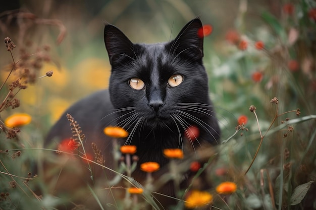 草の中に黒猫と野原の秋