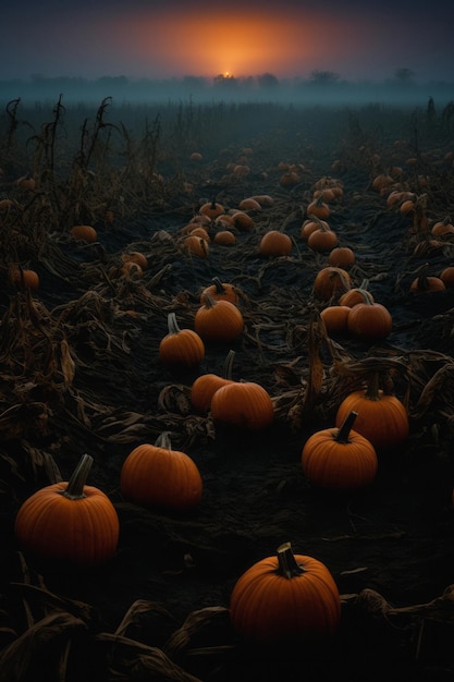 Autumn field with pumpkins at night photography