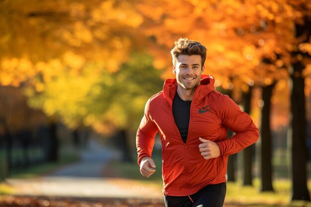 Autumn Fitness Man Running in a Colorful Park