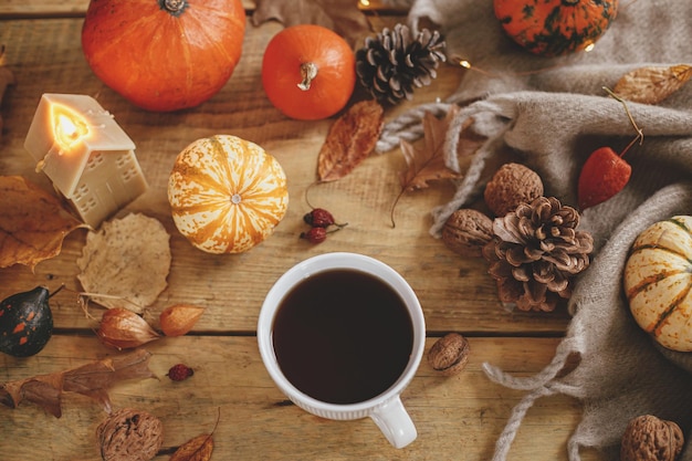 Фото Осенняя плоская планировка теплая чашка чая тыквы осенние листья свеча уютный шарф на деревенском деревянном столе hygge осенний баннер с днем благодарения осенний натюрморт