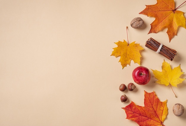 Autumn flat lay with bright colorful maple leaves with apple and nuts on orange background Top view and copy space