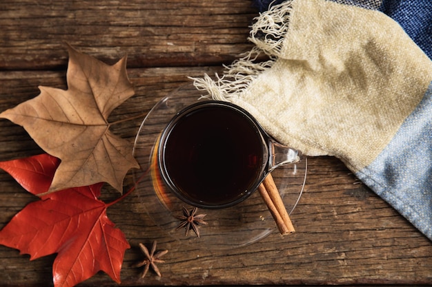 Autumn flat lay with coffee cup