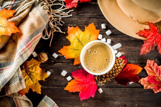 Autumn Flatlay with Cappuccino or hot chocolate