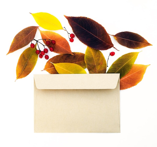 Осенняя цветочная открытка с яркими красочными красивыми листьями и ягодами калины