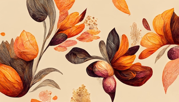 秋の花のディテールとテクスチャー 抽象的な花の有機的な壁紙の背景イラスト 有機的なラインで葉が近くに並んでいます