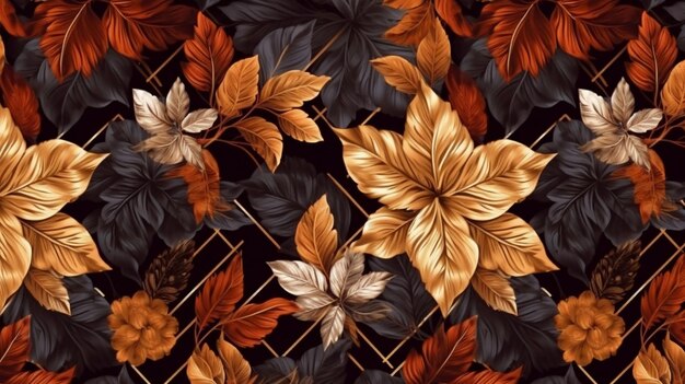 Осенний цветочный узор, коричневые и золотые листья и рододендрон Генеративный AI