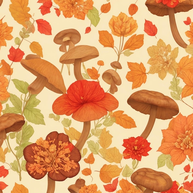 Autumn floral pattern mushrooms leaves Realistic bright watercolor background wallpaper print