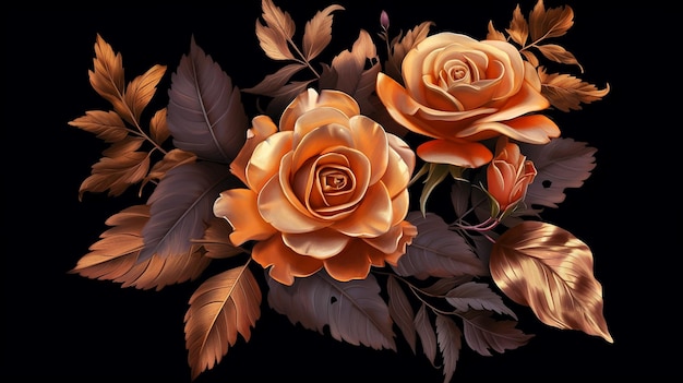 Autumn floral rose brown and gold leaves on black background Generative AI