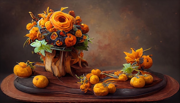 Autumn flowers bouquet in vase on table