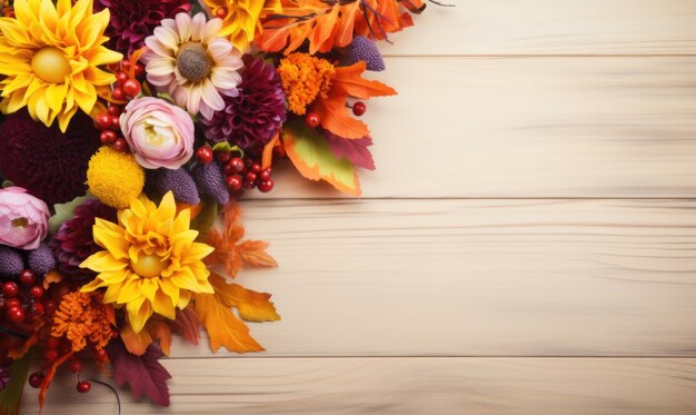 Autumn flowers frame on wooden background Seasonal yellow and red flowers Autumn background Space for text