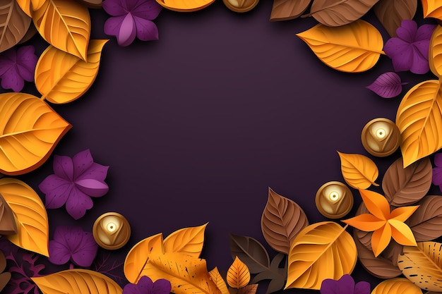 Autumn flowers and leaves frame on purple background