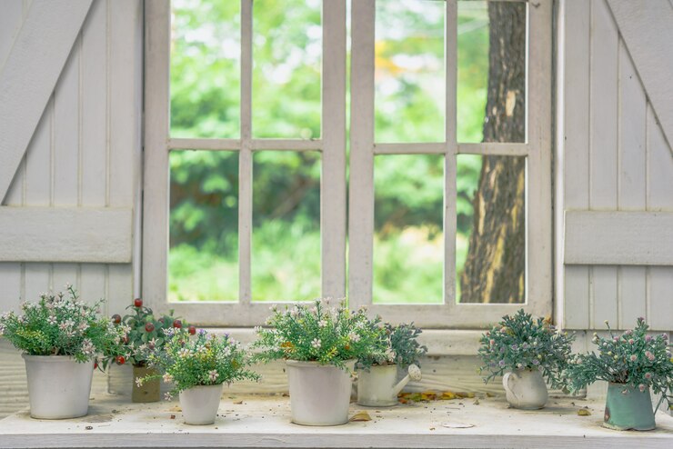 Autumn flowers in the pot on the windowsill, street decorated with flowers