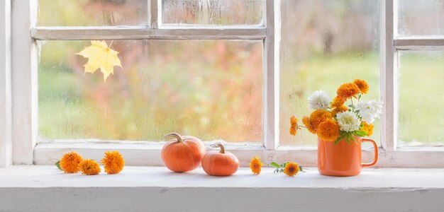 古い白い窓辺に秋の花とカボチャ