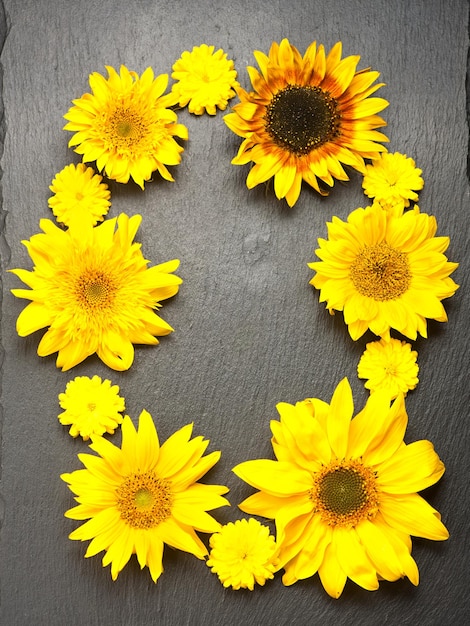 Autumn flowers and sunflowers Colorful floral background top view