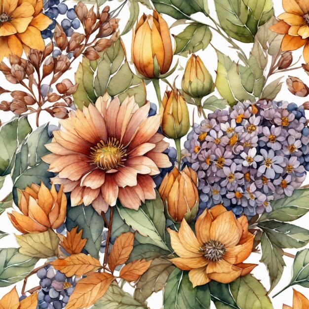 autumn flowers watercolor pattern