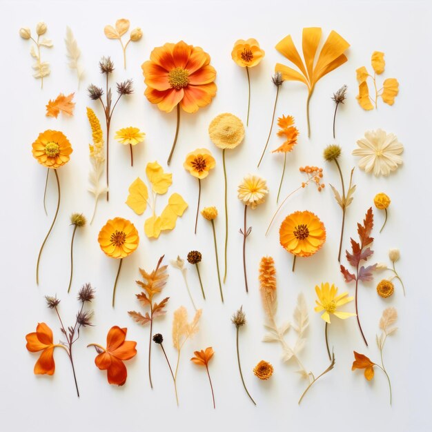 Autumn flowers on white background Flat lay top view