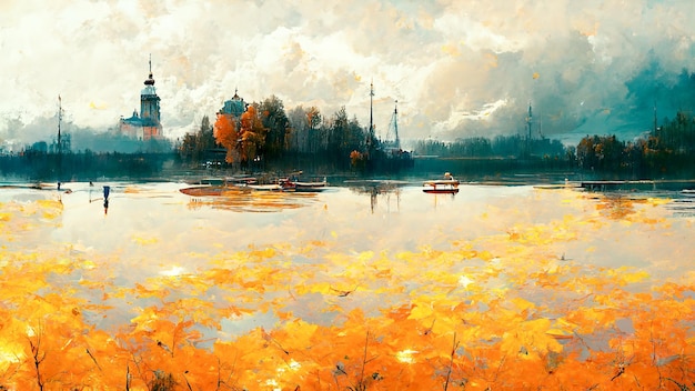 Осенний туманный пейзаж на озере