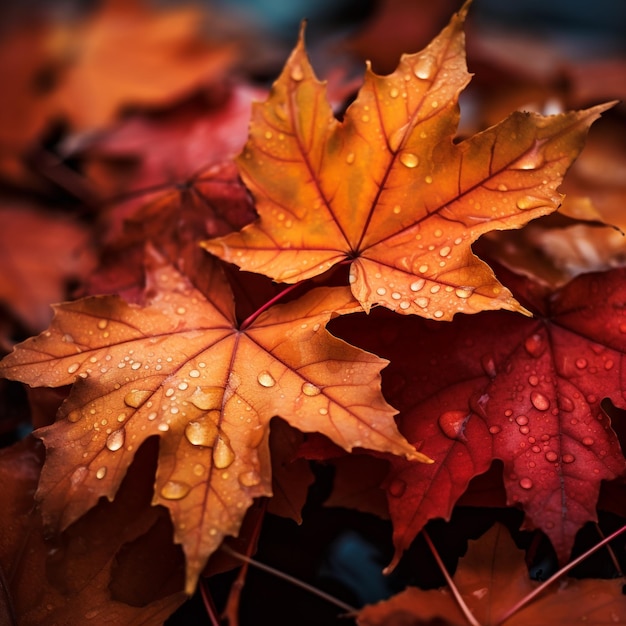 Photo autumn foliage in forest vibrant red and orange maple leaves closeup view