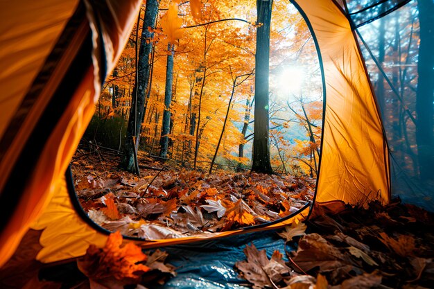 Photo autumn foliage viewed from a tent