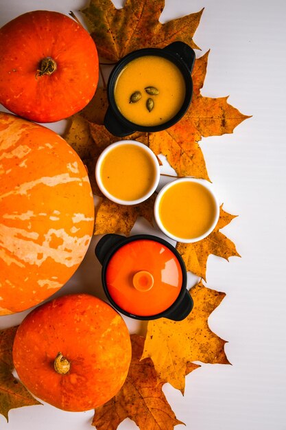 Photo autumn food pumpkin puree soup leaves top view autumn harvest pumpkins leaves on grey