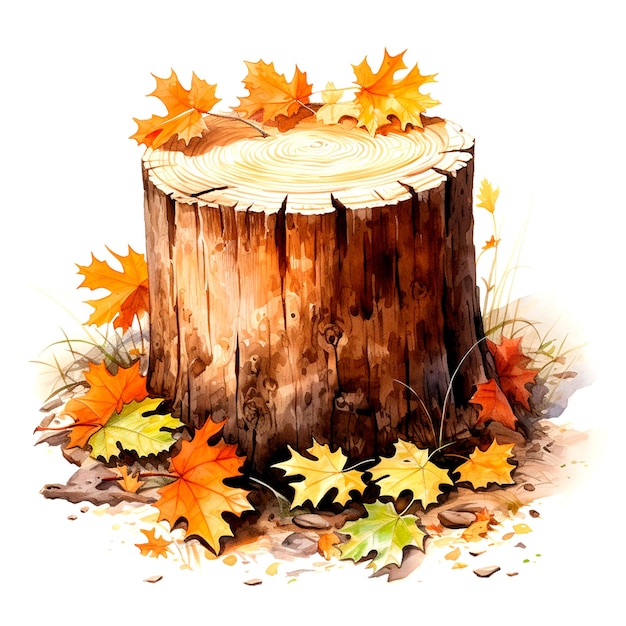 Autumn foreat stumn with fall leaves Forest watercolor AI generative isolated illustration