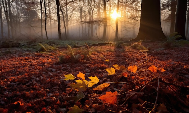 Autumn Forest Ambiance Sunlit Leaves on Ground Amidst Fog