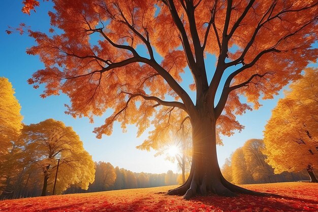 Autumn forest background Vibrant color tree red orange foliage in fall park Nature change Yellow leaves in october season Sun up in blue heart shape sky Sunny day weather bright light banner frame