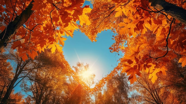 Autumn forest background Vibrant color tree red orange foliage in fall park Nature change Yellow leaves in october season Sun up in blue heart shape sky Sunny day weather