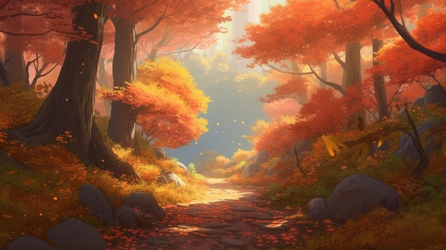 Autumn forest digital art illustration Generative AI